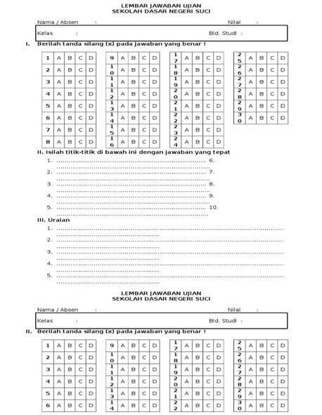 Contoh Lembar Jawaban Pilihan Ganda Dan Essay SD Kelas 1-6